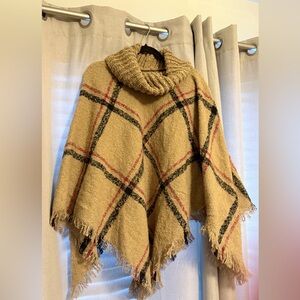 Marley Lilly Cozy Plaid Cowl Neck Poncho Sweater